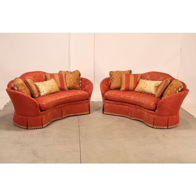 High Quality American Made Pair Of Sofas By Hickory Chair Company Featuring Custom Silk Damask Upholstery. Each Sofa Has A...