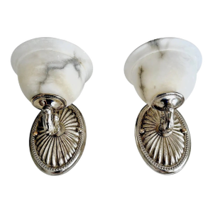 Pair Silver Nickel Alabaster Sunburst Wall Sconces