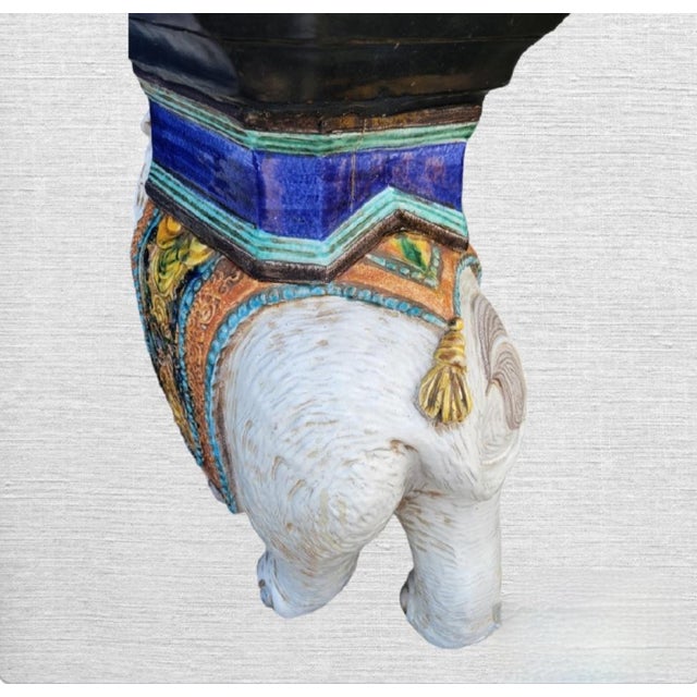 Gampel-Stoll Vintage Huge Italian Terracotta Trunk Up Colorful Hollywood Regency Elephant Garden Stool For Sale - Image 4 of 9