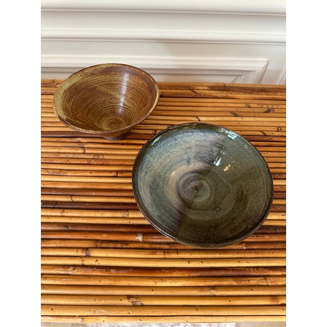 Ceramic Vintage 1970’s Signed Colorblocked Studio Piece in Brown Terracotta With Olive Green & Taupe With Blue Glaze For Sale - Image 7 of 12