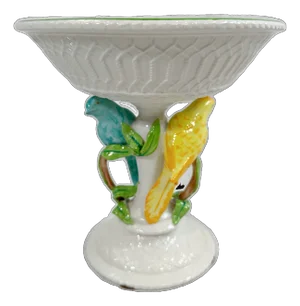 1960's Italian Majolica Parrots & Lattice Ivory Pedestal Compote