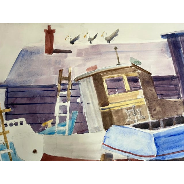 Vintage Modernist Watercolor Painting of Fishing Boats in the Boat Yard by Sanford Brooks For Sale In New York - Image 6 of 7