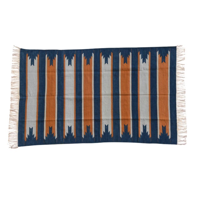 Rue Rug, 4x6, Blue & Burnt Orange For Sale