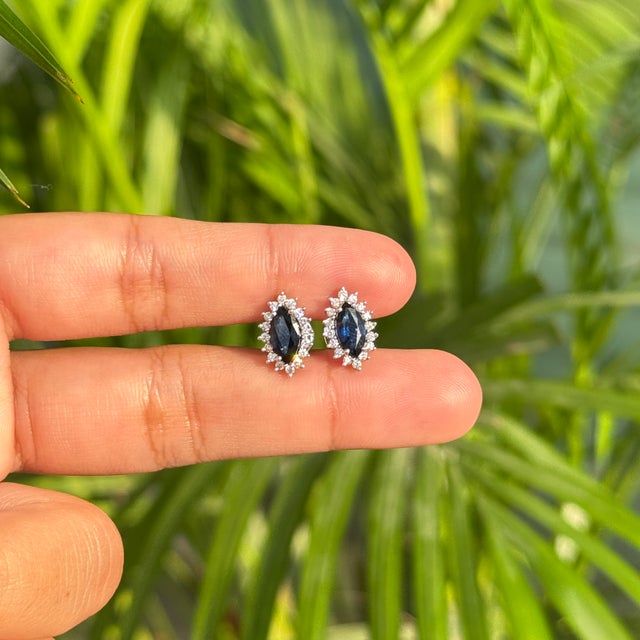 14k Gold Round Diamond & Marquise Cut Deep Sapphire Stud Earrings- 2 Pieces For Sale - Image 10 of 14