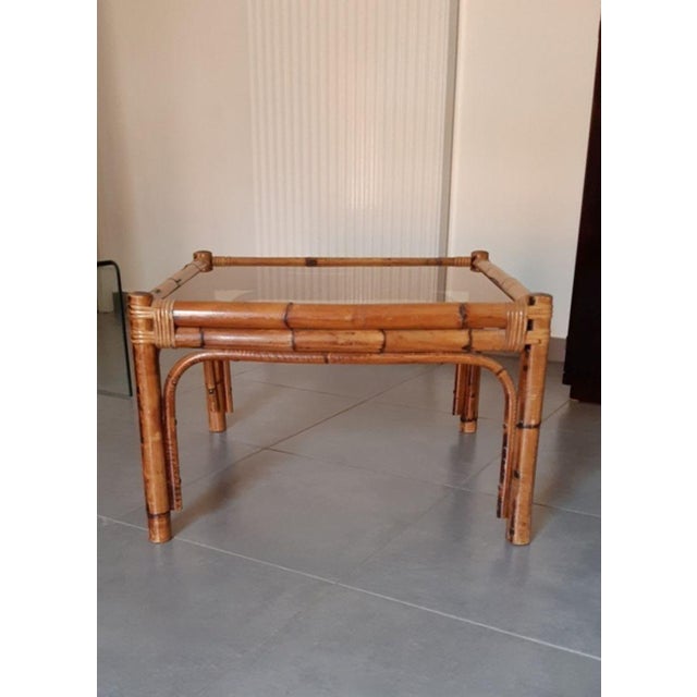 Vintage Coffee Table in Rattan, Bamboo and Smoked Glass in the style of Vivai del Sud For Sale - Image 6 of 13