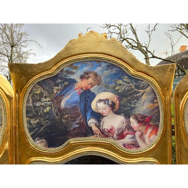 20thC French Louis XVI Gold Beech Scenic Room Divider Screen - 3 Panels For Sale - Image 15 of 18