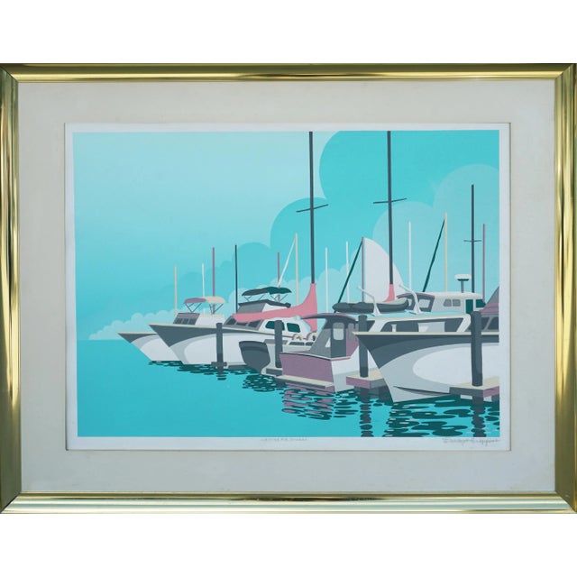 1980s 1980s "Waiting for Sunday -- Boats in Harbor" Nautical Screenprint by DuWayne Boyd Higgins, Framed For Sale - Image 5 of 5