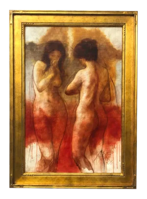 Vintage Modernist Oil Painting Nude Female Figures by A. Rojas 30" X 42".