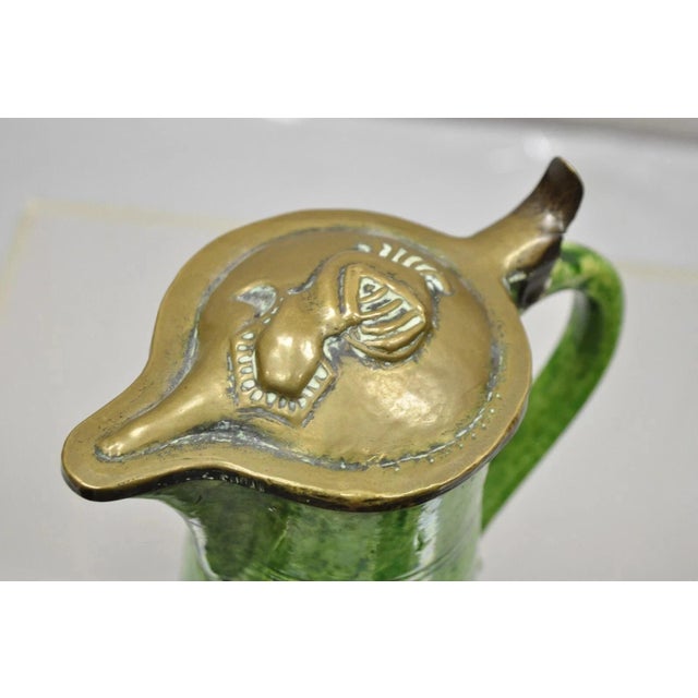 Antique Gothic Renaissance Green Ceramic Pitcher With Brass Soldier Armor Lid For Sale In Philadelphia - Image 6 of 11
