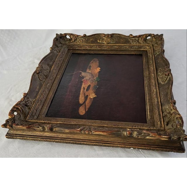 Charming & whimsical signed antique oil on canvas painting depicting a mouse exploring an artist's palette likely in a...