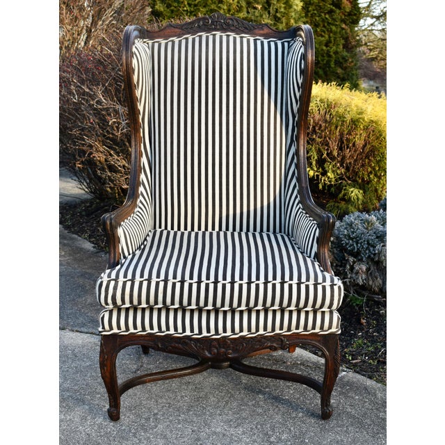 Vintage Carved Oak Country French High Back Wing Chair For Sale - Image 12 of 13