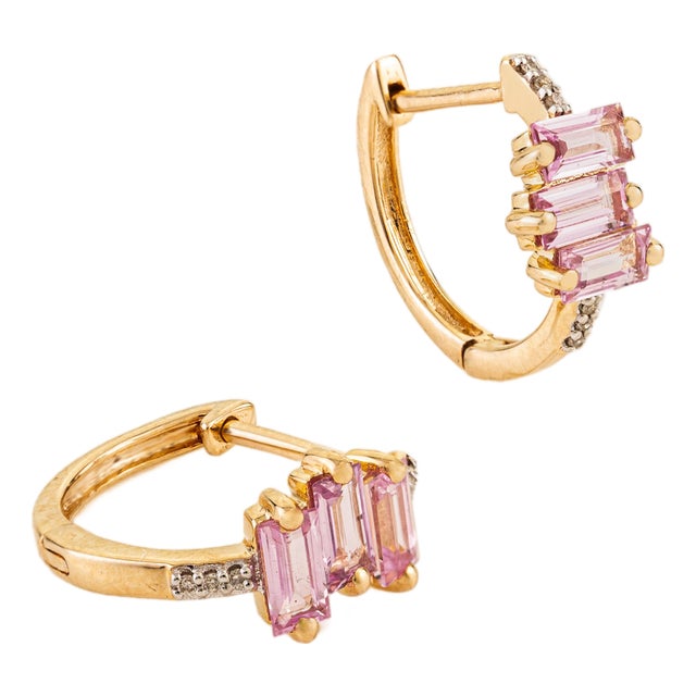 14k Yellow Gold Pink Sapphire & Diamond Baguette Huggie Hoop Earrings for Gift- 2 Pieces For Sale