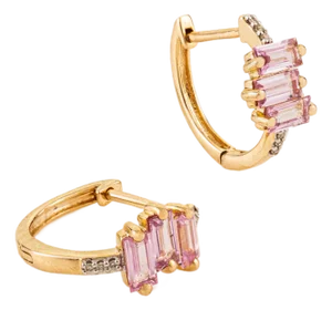 14k Yellow Gold Pink Sapphire & Diamond Baguette Huggie Hoop Earrings for Gift- 2 Pieces