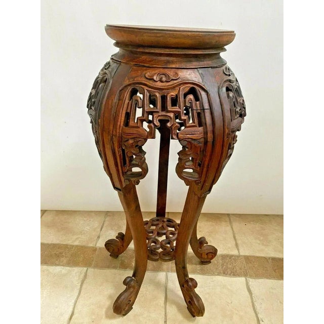 Wood Antique Tall Plant Stand French Polynesian Lattice Carved Display Bottom Shelf For Sale - Image 7 of 10