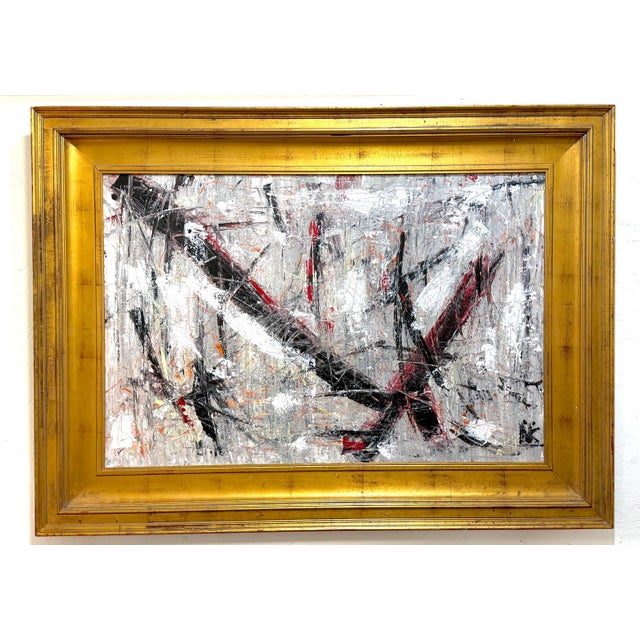 Niki Smith Monumental Abstract Expressionist Impasto Painting in Carved Giltwood Frame A striking and highly textured...