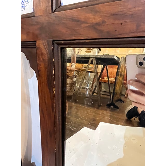 Antique English Walnut Mirrored Coat Hat Rack With Dutch Blue and White Ceramic Tiles For Sale - Image 15 of 18