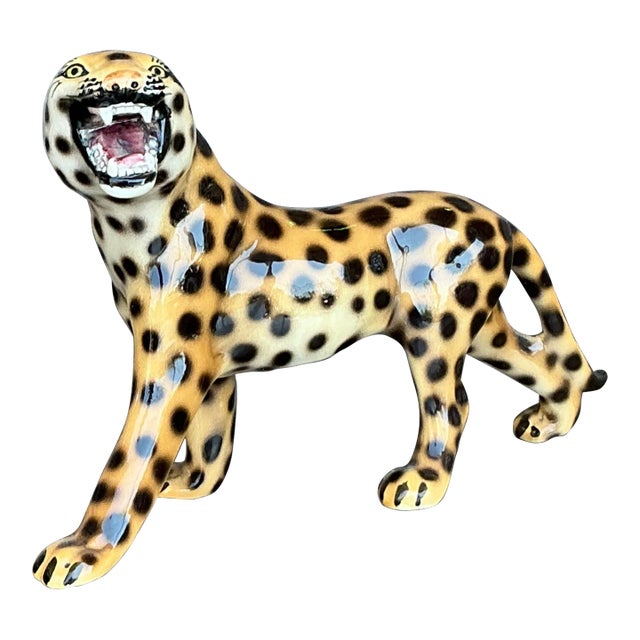 Vintage Italian Glazed Ceramic Leopard Figurine For Sale