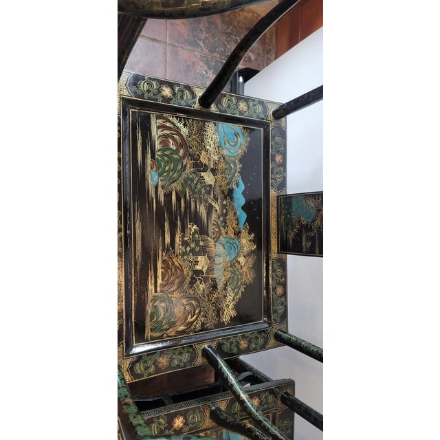 1990s Chinese Horseshoe Chairs Black Lacquer Hand Painted Pair For Sale - Image 5 of 13