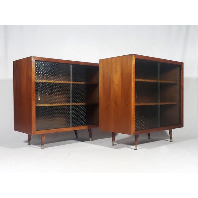 Pair of Vintage Original Mid-Century Modern Walnut Finish All Wood Display Cabinets With Adjustable Shelves and Sliding Wire Glass Doors For Sale - Image 11 of 18