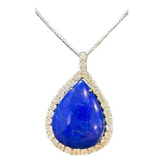 75 Carat Lapis & 9.5 ct Diamond Pendant Necklace 14 Karat White Gold + Chain For Sale