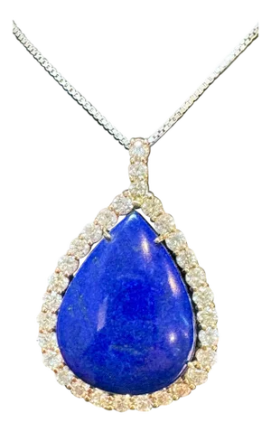 75 Carat Lapis & 9.5 ct Diamond Pendant Necklace 14 Karat White Gold + Chain