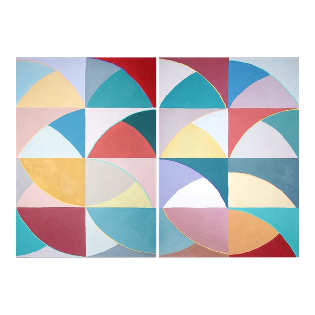 2026, Color Field Painting Diptych, Deco Flora Matrix, Original Painting on Paper in Pastel Tones, Geometric Tiles Shapes by Natalia Roman For Sale