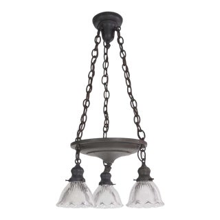 Traditional Dark Brass Pan Light With 3 Glass Shades For Sale