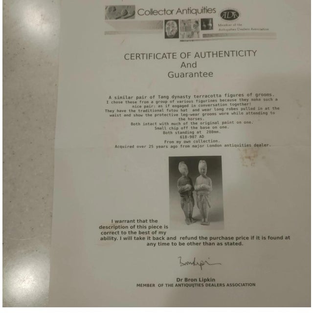 Traditional Terracotta Tang Dynasty Groom Figures- Circa 7th - 10th Century Ad With Coa For Sale - Image 3 of 3