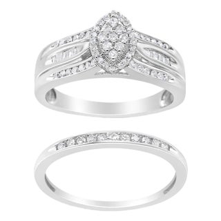 .925 Sterling Silver 1/2 Cttw Round and Baguette-Cut Diamond Engagement Bridal Set (I-J Color, I1-I2 Clarity) - Size 6 For Sale
