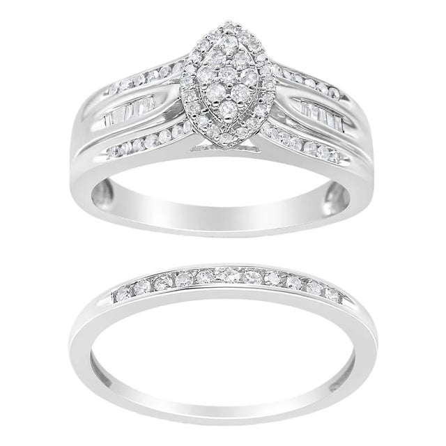 .925 Sterling Silver 1/2 Cttw Round and Baguette-Cut Diamond Engagement Bridal Set (I-J Color, I1-I2 Clarity) - Size 6 For Sale