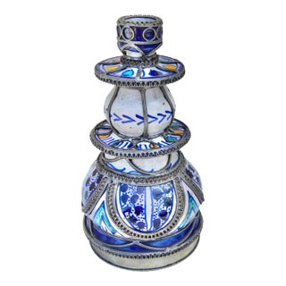 Antique Blue Andalusian Filigree-Inlaid Ceramic Candleholder For Sale