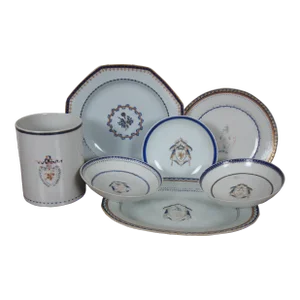 Antique 18th Century Chinese Export Qianlong Armorial Federal Porcelain China Set- 7 Pieces
