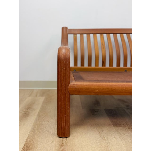 Wood MCM Danish Modern Cognac Color Two Seat Couch Curved Bench Sculptural Seating For Sale - Image 7 of 14