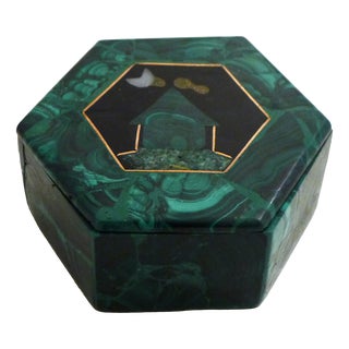 Hexagonal Malachite Box and Lid with Cloisonné Decoration For Sale