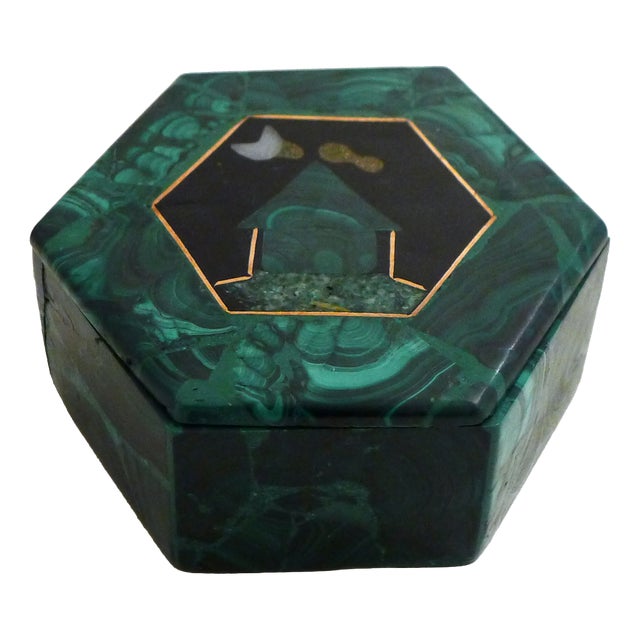 Hexagonal Malachite Box and Lid with Cloisonné Decoration For Sale