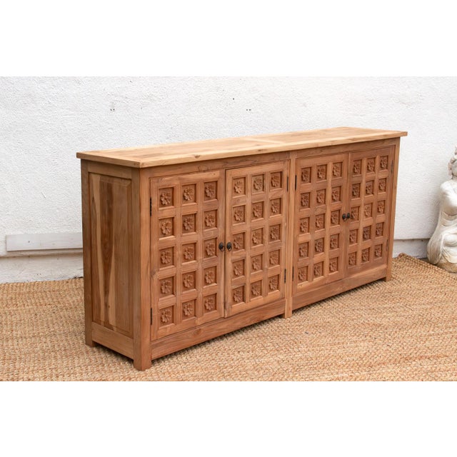 Brown 80" Long Reclaimed Teak Lotus Flower Credenza For Sale - Image 8 of 10