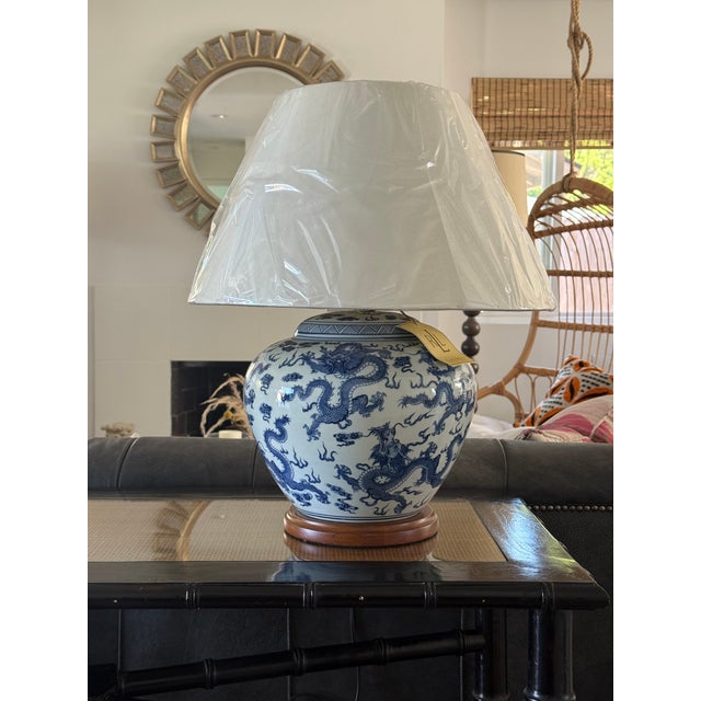 Early 21st Century Ralph Lauren Blue and White Dragon Porcelain New Table Lamps - Pair For Sale - Image 5 of 10