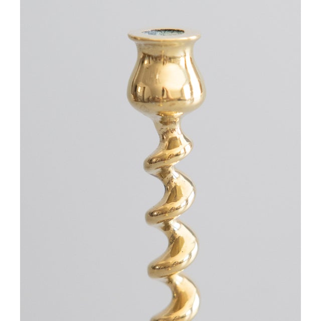 1920s Antique English Brass Barley Twist Candlesticks - A Pair For Sale - Image 5 of 8
