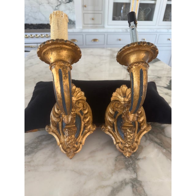 Vintage Italian Renaissance Style,carved , Painted ,Gilded Sconces - Pair For Sale - Image 4 of 6