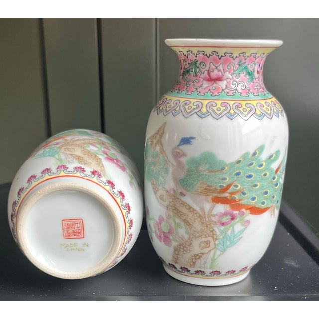 Antique Famille Rose Petite Peacock Vases-a Pair For Sale In Houston - Image 6 of 9