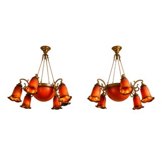 Art Nouveau Chandeliers in Bronze and Orange Glass Paste, 1950s, Set of 2 For Sale