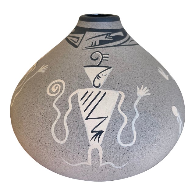 Vintage Kopa Native American Style Pottery Vase, Hand-Painted Black and White For Sale