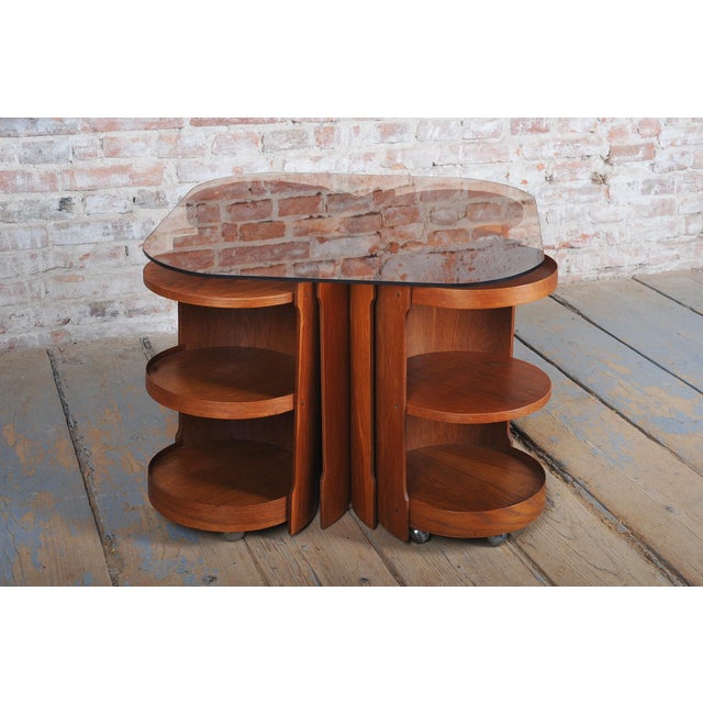 Mid-Century Modern Mid-Century Modern Nesting Table in Oak and Smoked Glass, Czech, 1960s, Set of 5 For Sale - Image 3 of 11