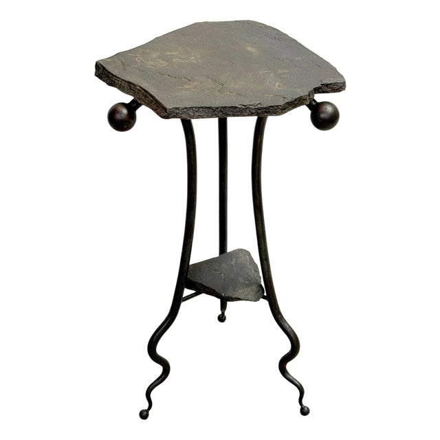 Modern Wrought Iron & Slate Two-Tier Side Table, in the Style of Albert Paley For Sale