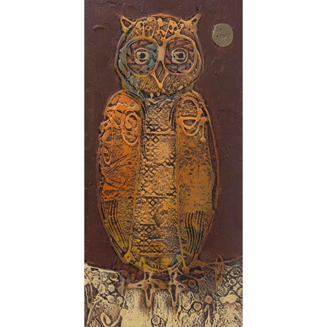 20th Century School, Owl and Full Moon, Mixed Media on Wood Panel, signed "Pate" lower right, painted wood frame. Image:...