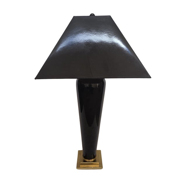 Contemporary 1991 Frederick Cooper "Modern Noir" Table Lamp - Fractured Enamel & Polished Brass For Sale - Image 3 of 17