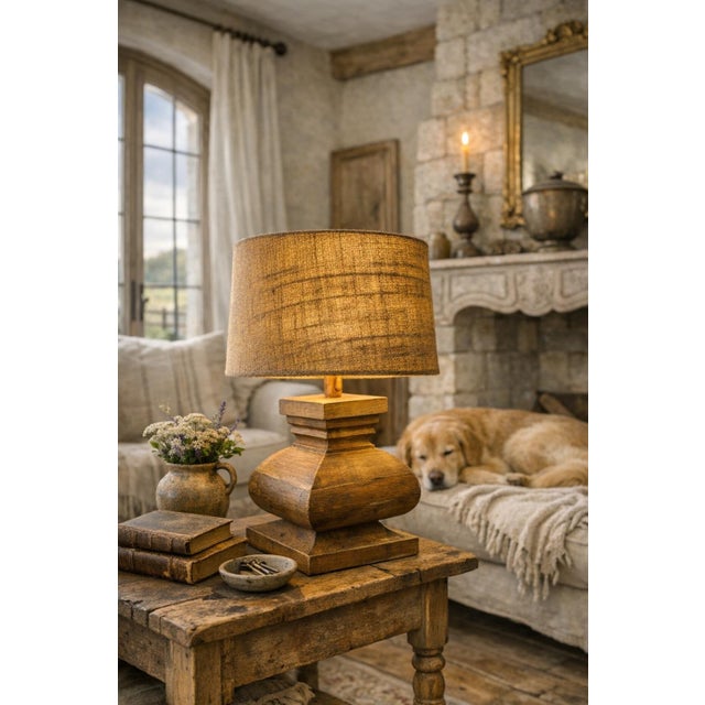 2020s Chunky Wooden French Baluster Style Table Lamp With Burlap Drum Shade for Ralph Lauren, Ranch, Rustic, Cottage Core & Equestrian Style Decor. See Pics For Sale - Image 5 of 9