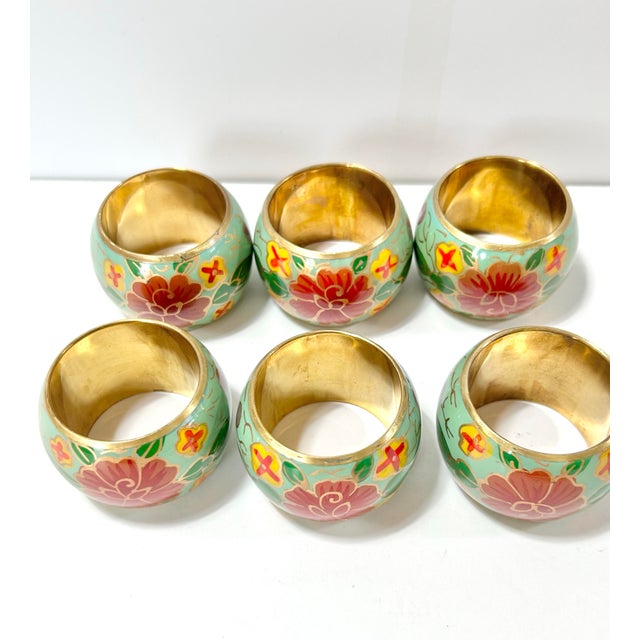 Vintage Asian Lacquered Brass Floral Napkin Rings, Hand-Painted Mint Green - Set of 6 For Sale - Image 4 of 5