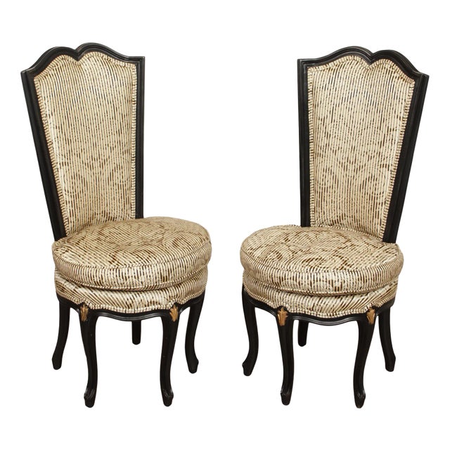 Italian Rococo Style Pair of Ebonized and Partial Gilt Side Chairs For Sale