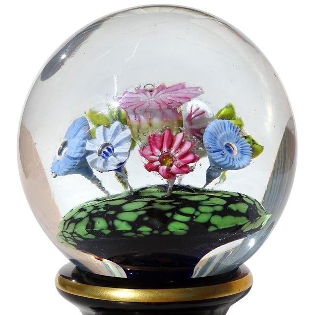 Late 20th Century Vintage Murano Millefiori Wild Flowers With Painted Pedestal Base Italian Art Glass Paperweight For Sale - Image 5 of 7